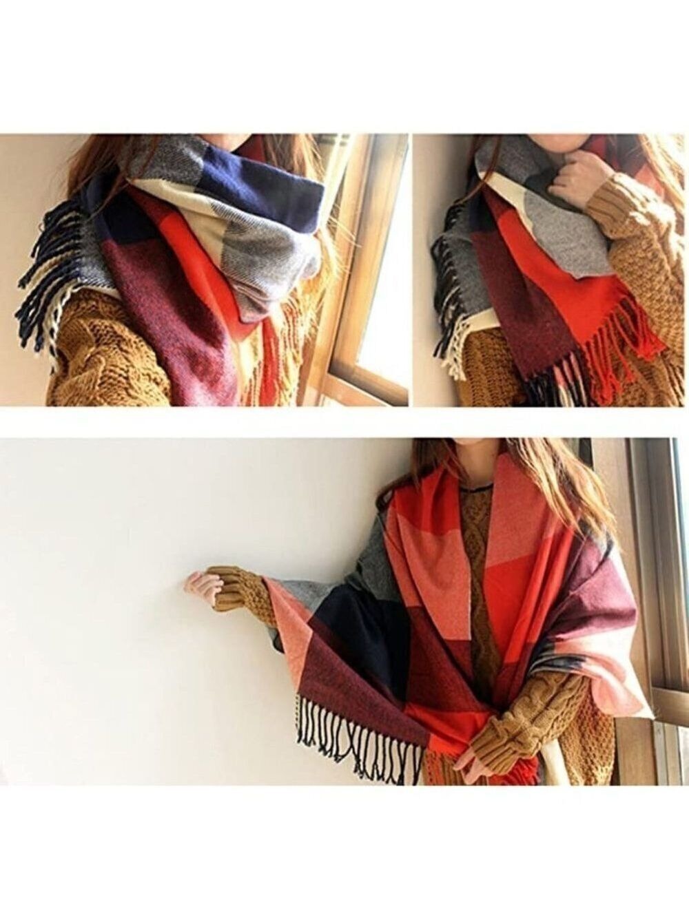 LONG Plaid Blanket Chunky Oversized Winter/Fall Warm Scarf Wrap Shawl NWT - Picture 2 of 7